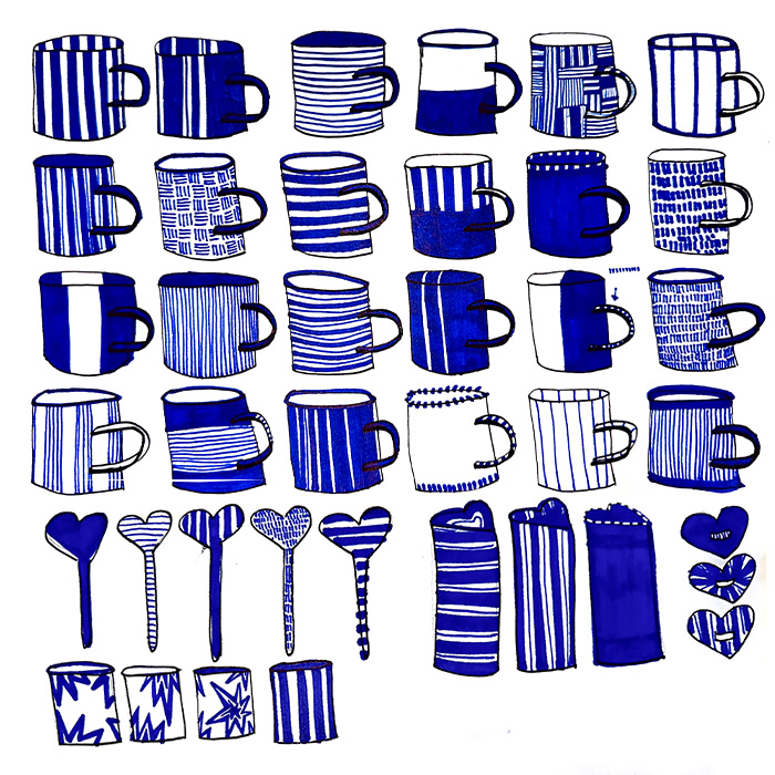 Hier heb ik wat schetsen gemaakt voor de designs die ik wil gaan maken/glazuren op de mokken set. De streepjes komen uit de inspiratie en sleepy-morning concept die een pyjama sfeer vast leggen, sleepy pyjama stripes.
